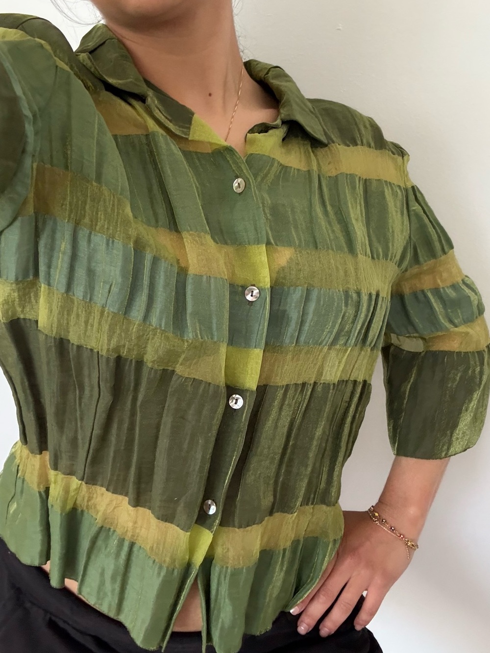 Olsen Collection Vintage Sheer Green Striped Linen Blend Button Down Shirt Sz 10
